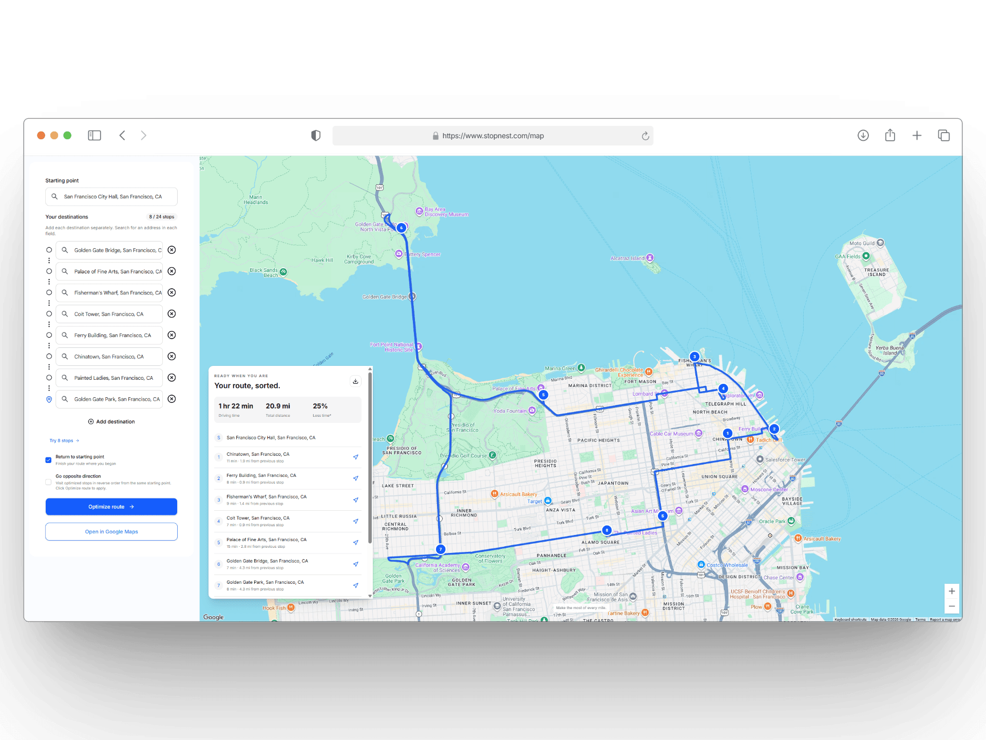 StopNest planner with address inputs beside a map of a route through San Francisco
